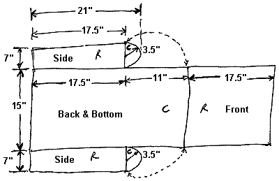 Actual scan of my original dimensions layout. This doesn't show the top hood section added later. C is for 330 denier Cordura and R is for 2.2 oz. Ripstop nylon.
